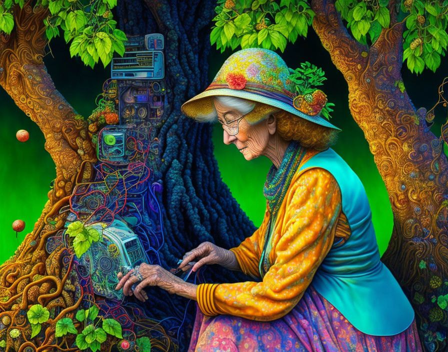 Elderly woman knitting amidst whimsical trees with electronic devices