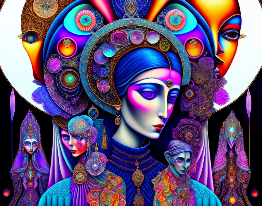 Vibrant psychedelic artwork with ornate figures in blue, purple, and gold