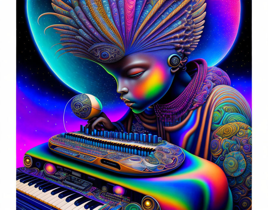 Colorful illustration of person in intricate headgear playing cosmic keyboard against starry space.