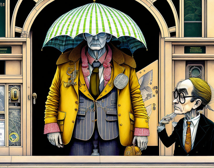 Tall figure in yellow coat with green-striped umbrella next to shorter character by ornate doors