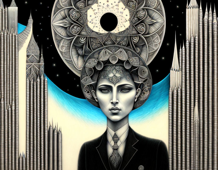 Intricate patterned person with celestial bodies and towering structures