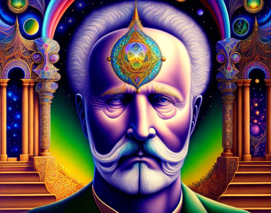 Colorful portrait of a man with a mustache and third eye in cosmic scene.