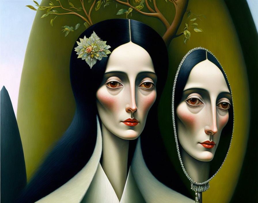 Surreal painting features two identical women with elongated faces, pale skin, and dark hair on