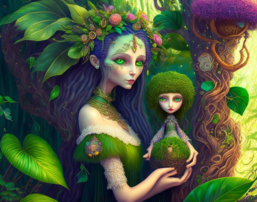 Ethereal plant-like figures in vibrant forest scene