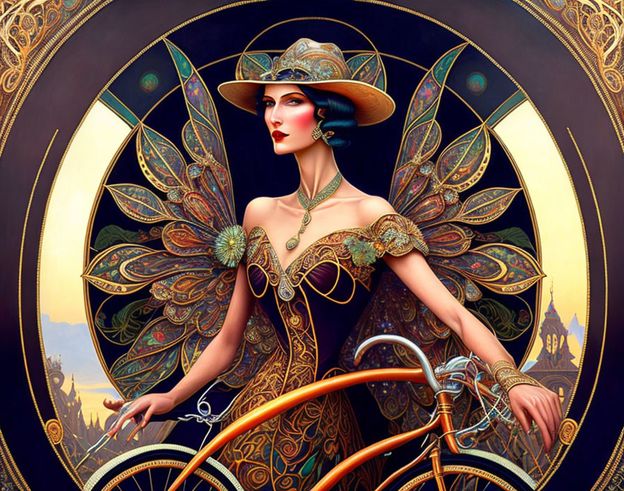 Art Nouveau Style Woman with Ornate Hat and Bicycle in Circular Ornamental Frame