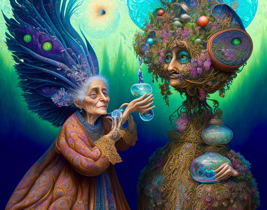 Elderly woman presenting glass orb to colorful, tree-like entity