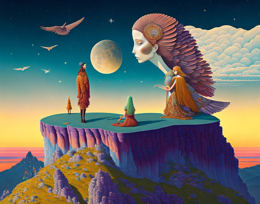 Surreal artwork: Giant woman's face merges with colorful landscape, robed figures under full moon