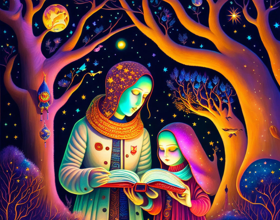 Vibrant parent-child reading scene under starry sky