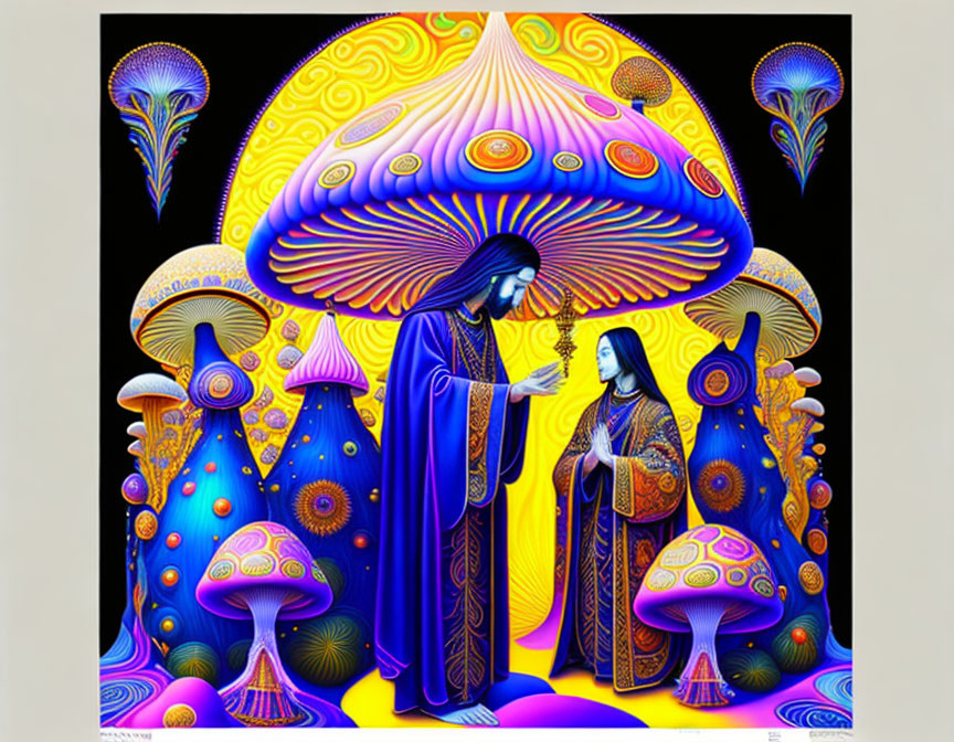 Colorful psychedelic artwork with robed figures and ornate mushrooms