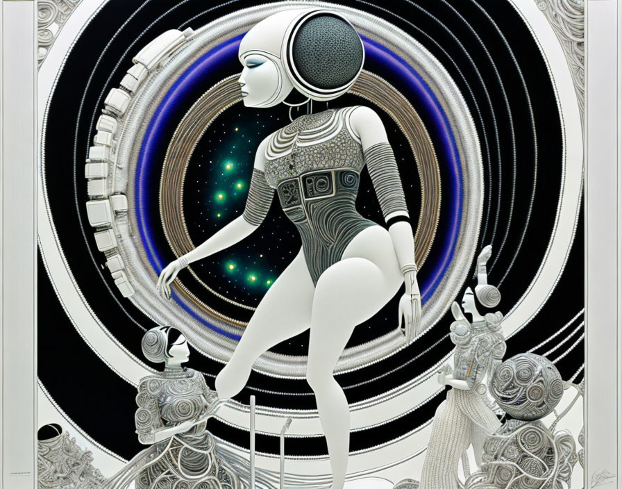 Futuristic humanoid figure in space helmet entering cosmic portal