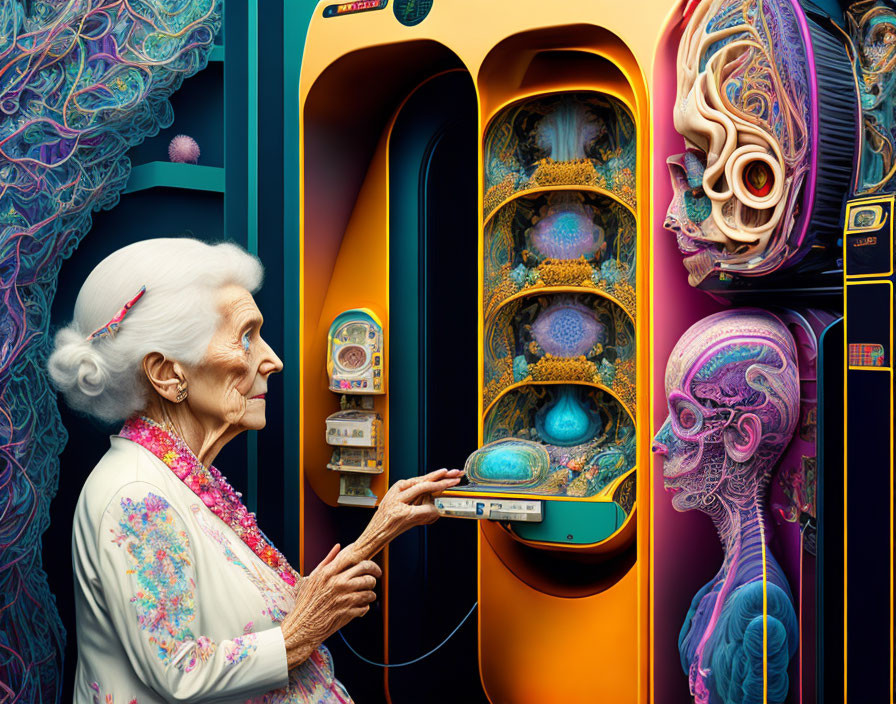 Elderly woman in floral outfit inside colorful, intricate phone booth