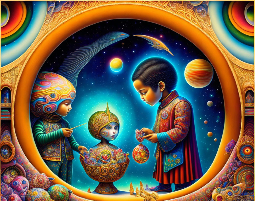 Stylized children in ornate attire with cosmic orb and celestial imagery