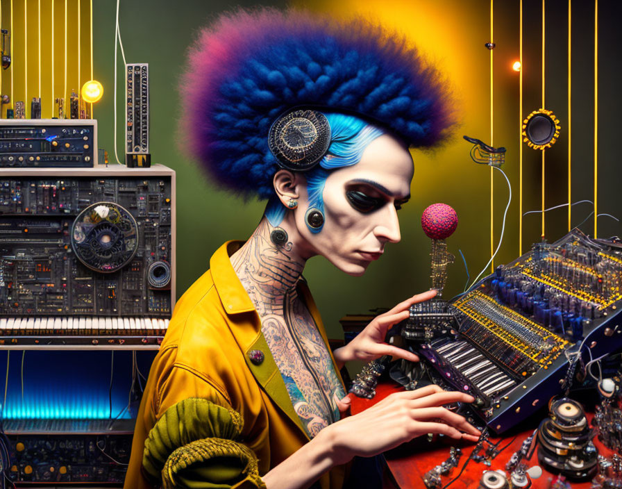 Blue Punk Mohawk Person Playing Synthesizer with Artistic Makeup