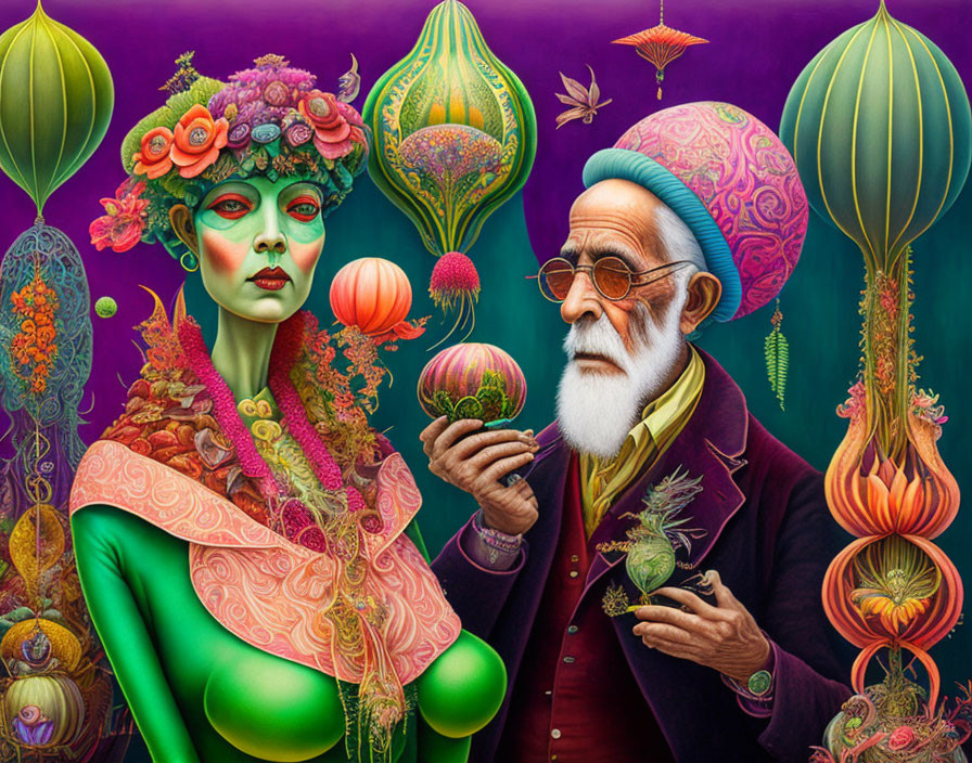 Colorful Illustration: Green-skinned woman and elderly man with botanical elements on purple backdrop