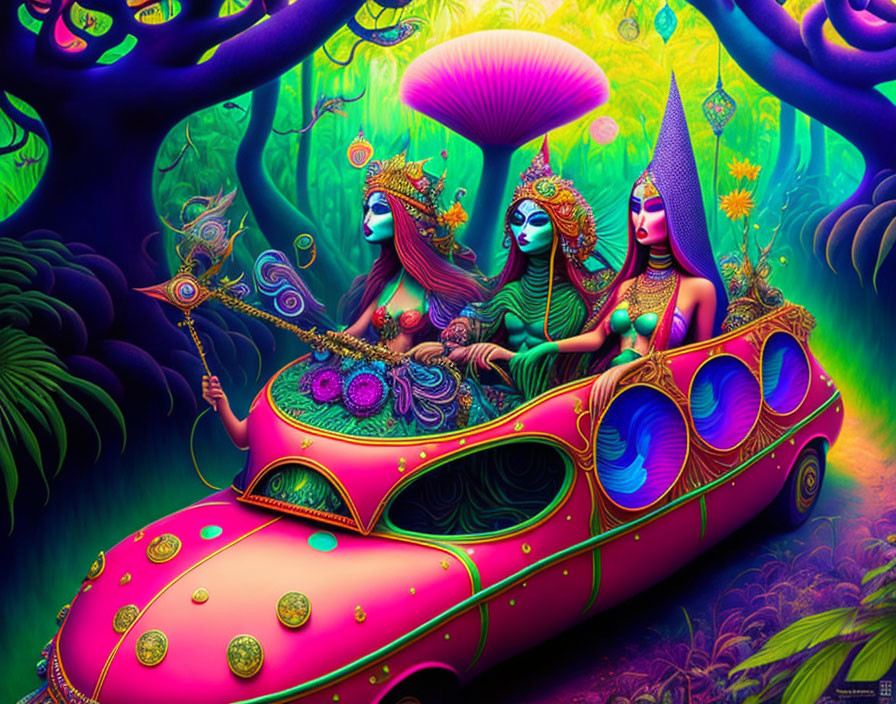 Fantasy figures in colorful attire ride pink car through psychedelic forest