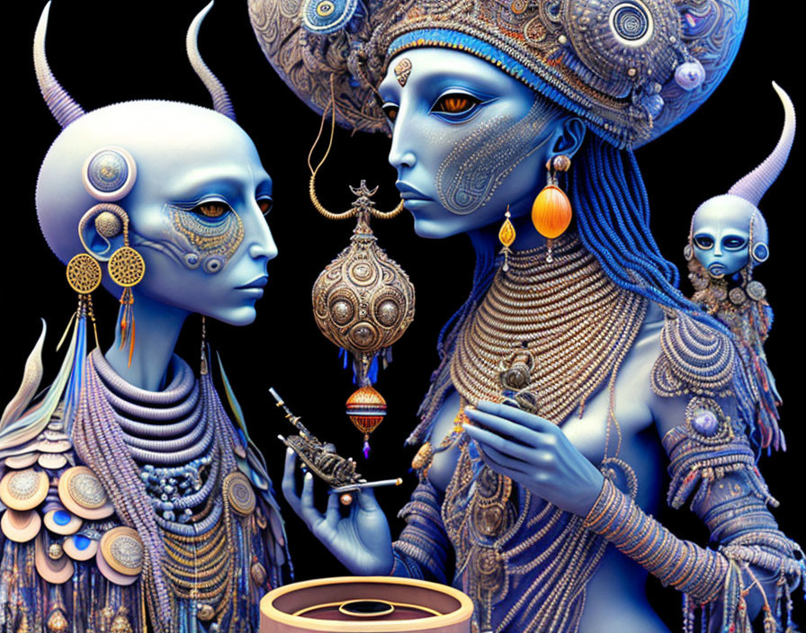 Three blue-skinned alien figures in ornate attire on dark background