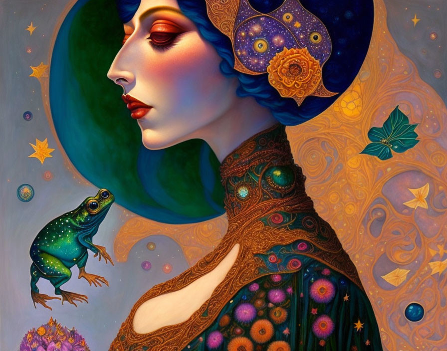 Cosmic-themed woman with headdress and frog in celestial setting