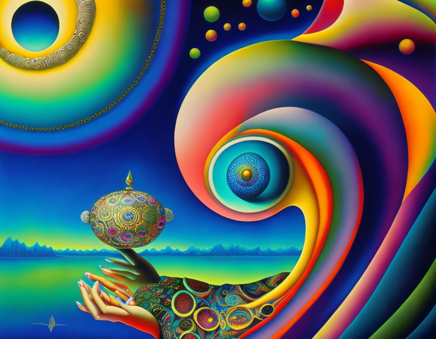 Colorful surreal artwork: Hand holding decorated object with swirling patterns & peacock feather eye motif