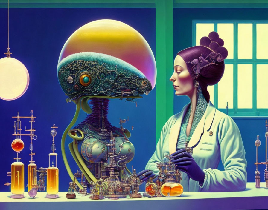 Surreal artwork: Woman in lab attire with colorful liquids and mechanical jellyfish on blue background