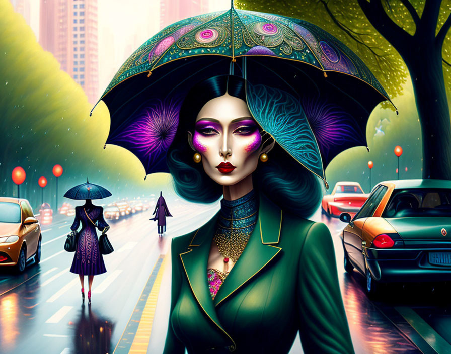 Stylized illustration of woman with vibrant makeup and peacock-feathered umbrella on colorful city street