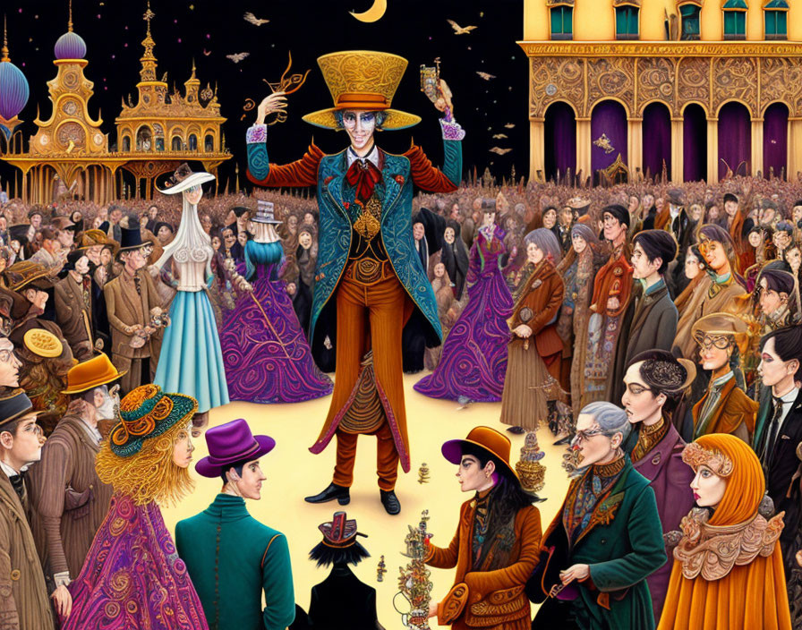 Vintage-inspired whimsical crowd illustration with magician in top hat amidst colorful backdrop