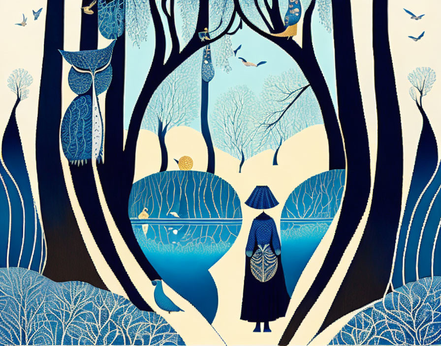 Stylized art: Cloaked figure in blue and white forest with surreal trees & whimsical birds