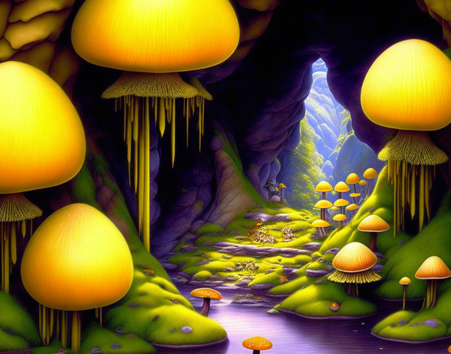 Fantastical landscape with oversized luminescent mushrooms by riverbank