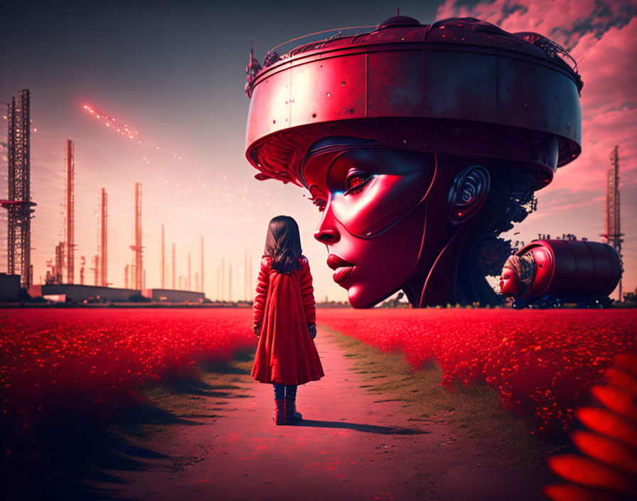 Person in red cloak stands in field of red flowers with futuristic robotic head and industrial structures under crimson sky