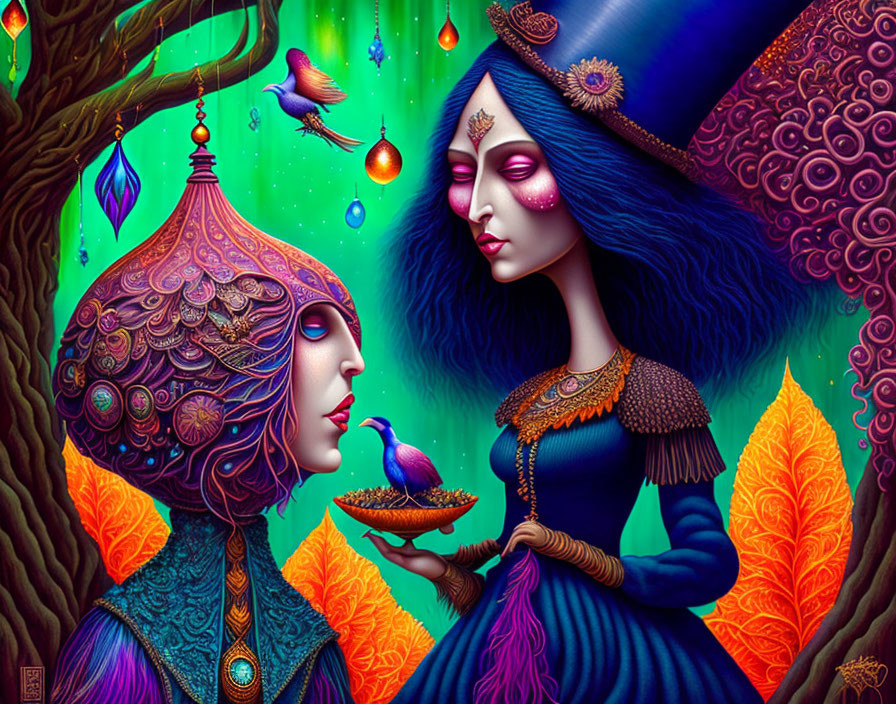 Vibrant illustration of two blue-skinned female figures in a fantastical forest surrounded by birds and