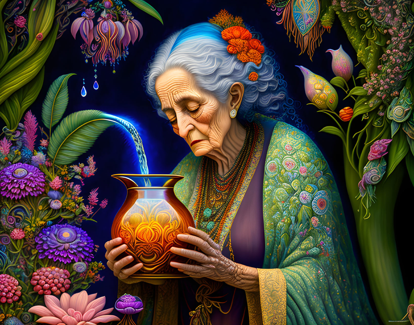 Elderly woman with blue hair watering vibrant garden at night