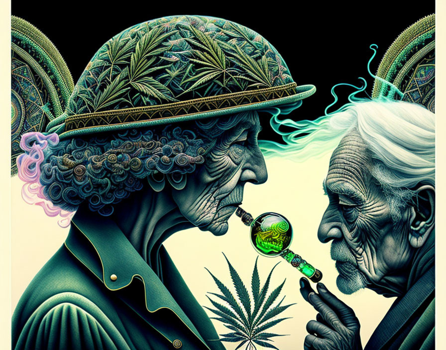 Elderly Couple with Psychedelic Cannabis Hats and Smoking Pipe