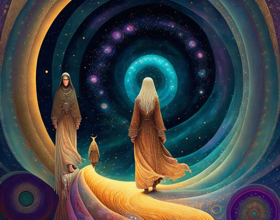 Three robed figures and falcon on golden path under cosmic sky.