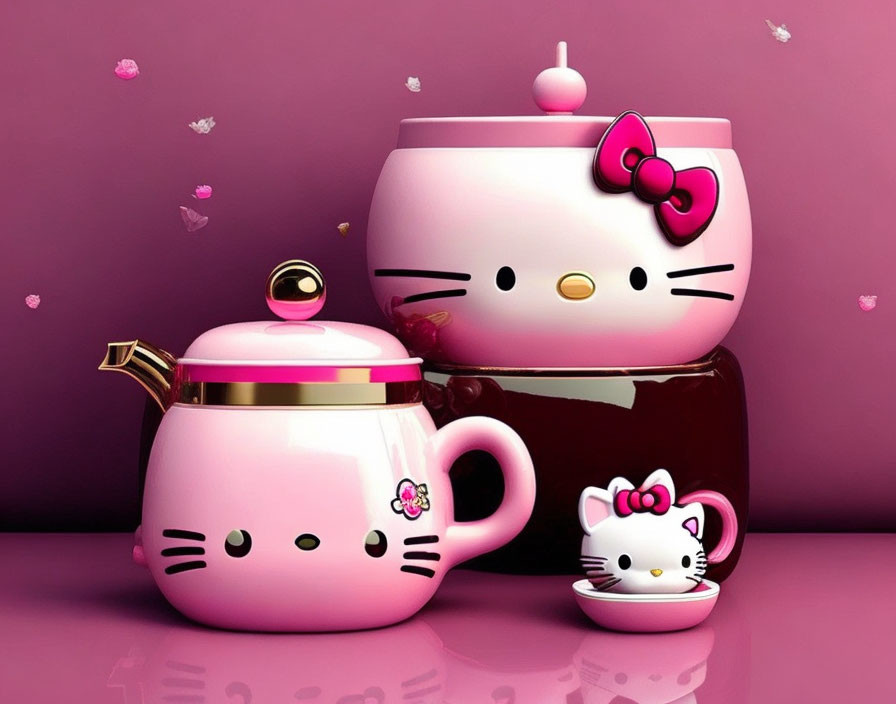 Pink and Gold Hello Kitty Tea Set with Teapot, Cup, and Sugar Bowl