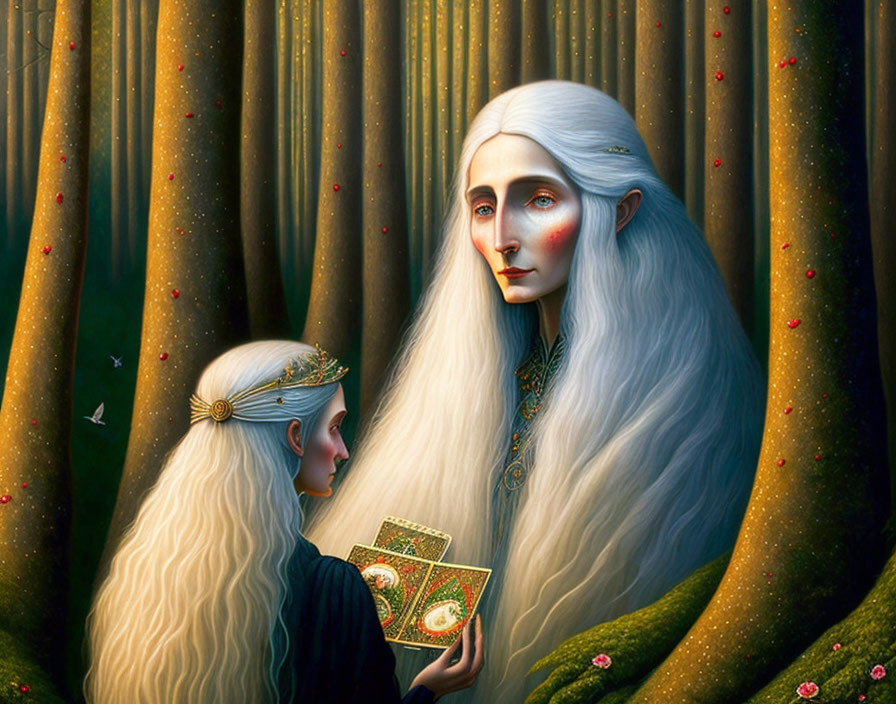 Ethereal characters with long white hair in mystical forest