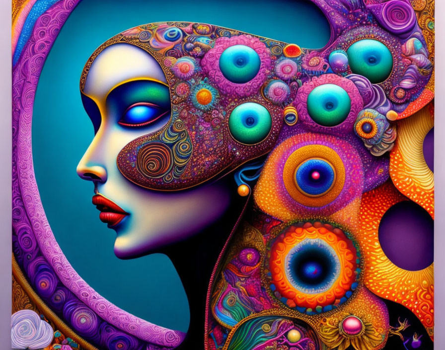 Vibrant surreal artwork of stylized female face with intricate patterns