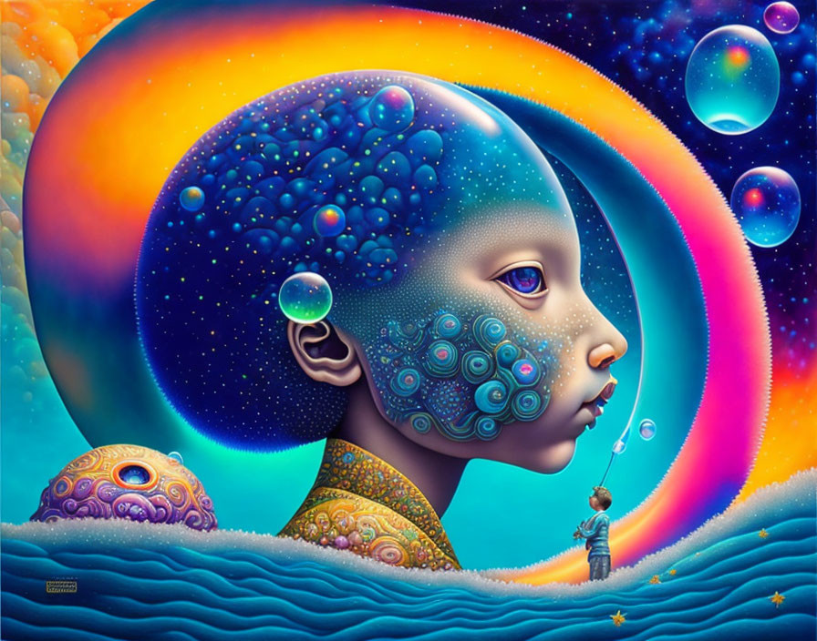 Colorful surreal portrait: Child blowing bubble with cosmic background