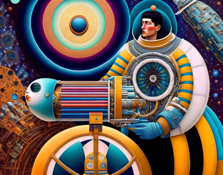 Detailed illustration of stylized astronaut in elaborate suit among whimsical spaceships