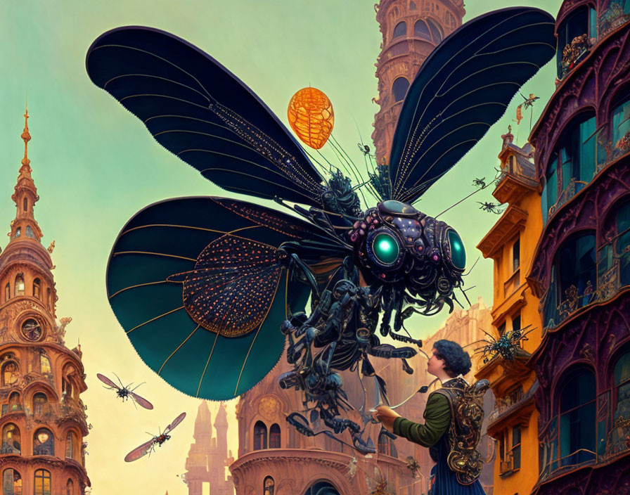 Person in Renaissance attire with giant mechanical bee in steampunk cityscape