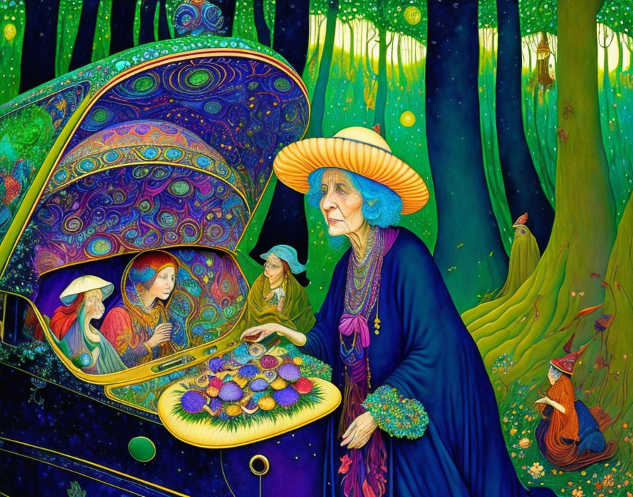 Elderly lady in wide-brimmed hat with tiny fairy-like beings in clamshell forest