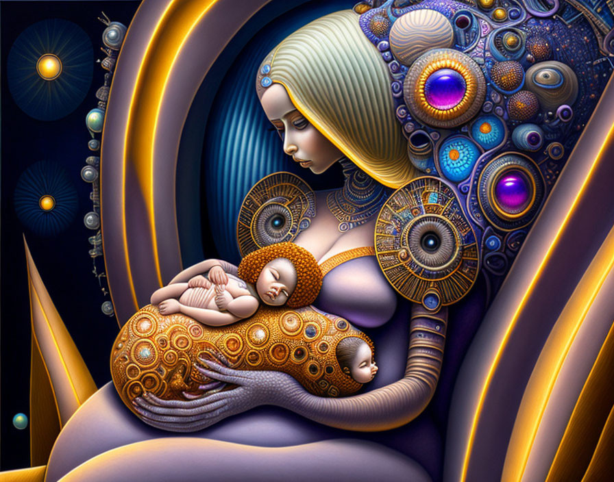 Surrealist artwork of woman embracing infants with metallic patterns