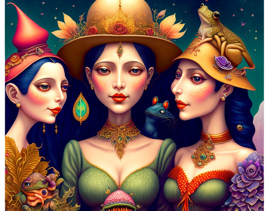 Stylized women with ornate headdresses and jewelry, surreal aura, frogs, peacock feather