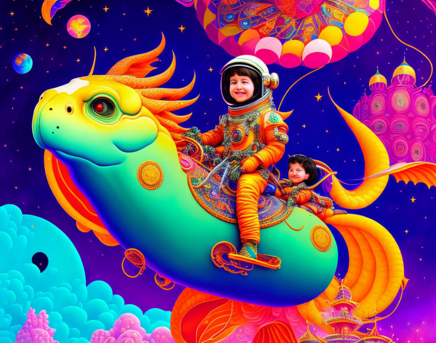 Children in astronaut suits riding a dragon in vibrant space scene.