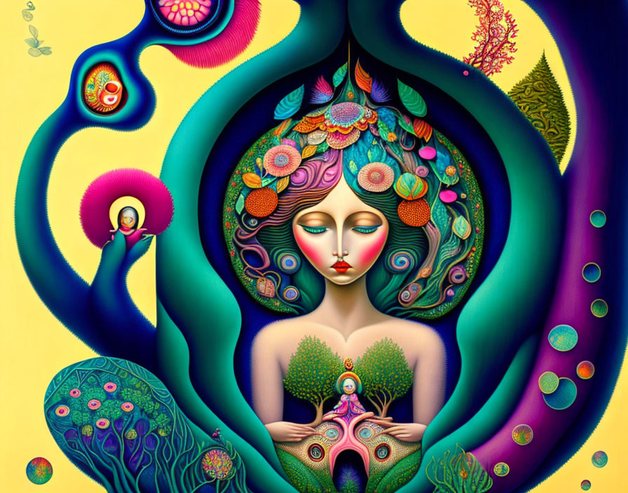 Colorful surreal artwork: stylized female figure with intricate patterns