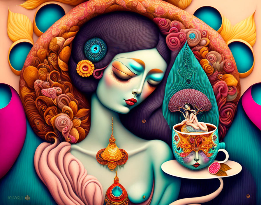 Colorful surreal image of stylized woman with ornate hair and person in a cup amidst abstract patterns