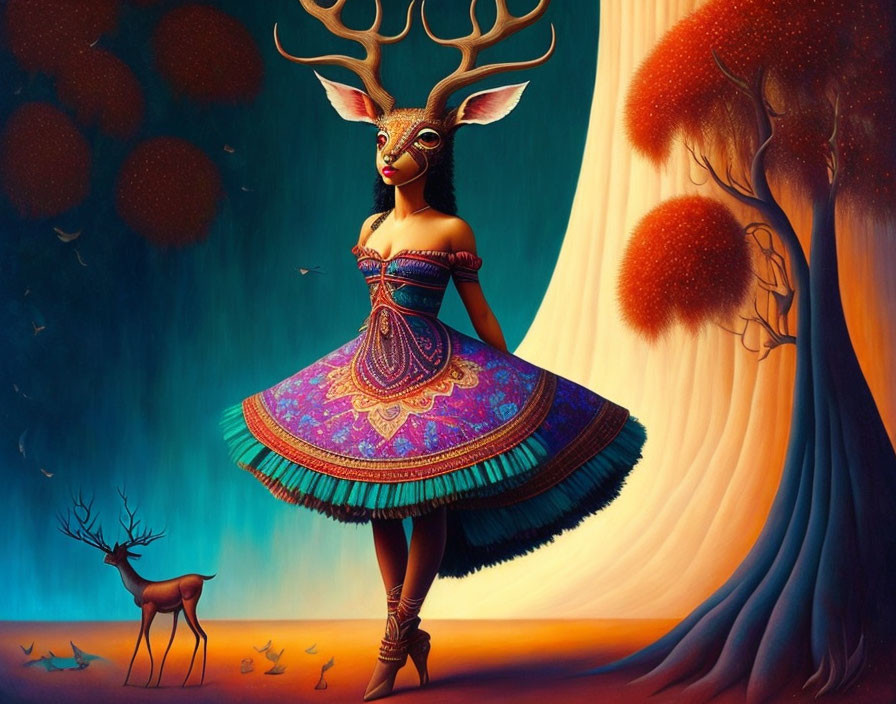 Surreal image of woman with deer head in vibrant forest