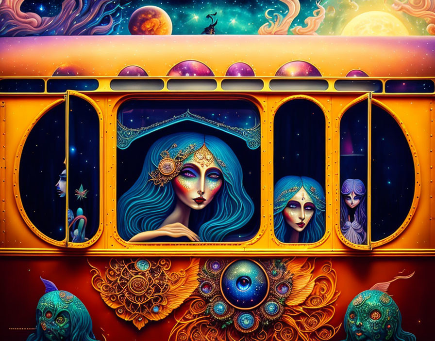 Vibrant cosmic-themed artwork with woman's face in three windows on ornate yellow structure surrounded by