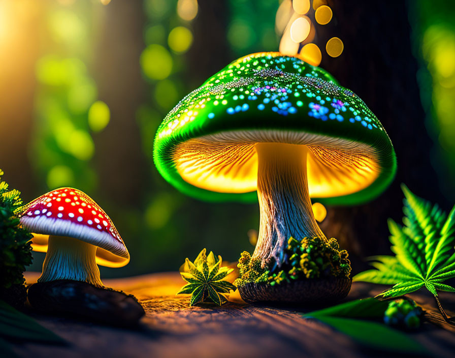 Fantastical forest scene with luminescent mushrooms