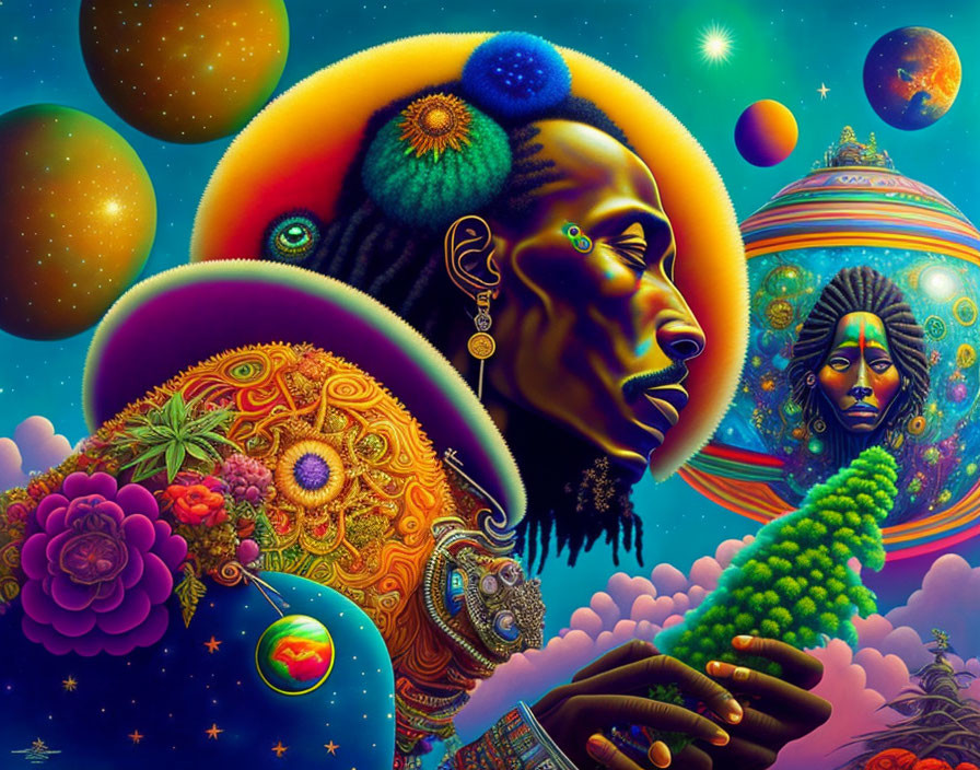 Colorful psychedelic artwork: profile of a person with cosmic motifs and planets.