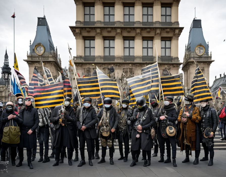 Group in Eclectic Costumes with Striped Flags at Historical Building