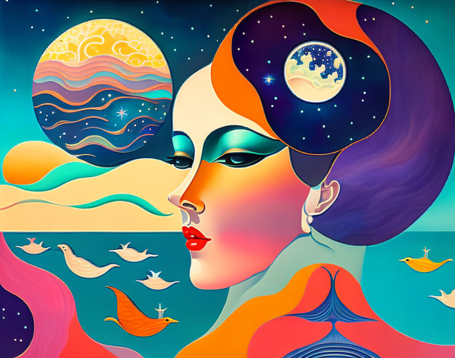 Celestial-themed woman artwork with sun, moon, birds, and waves in vibrant colors